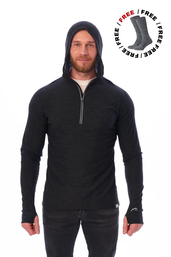 Men's Merino Wool Half Zip Hoodie 190 Charcoal Grey