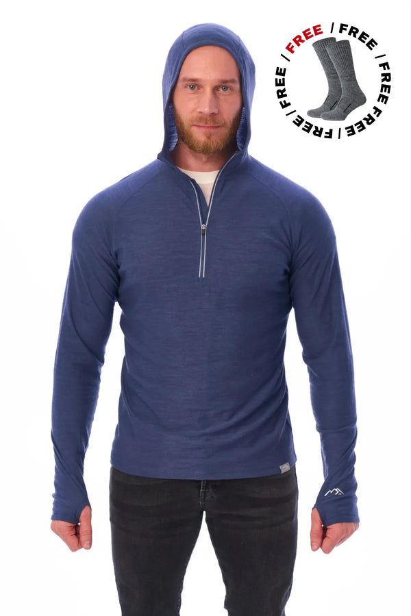 Men's Merino Wool Half Zip Hoodie 190 Windsor Blue