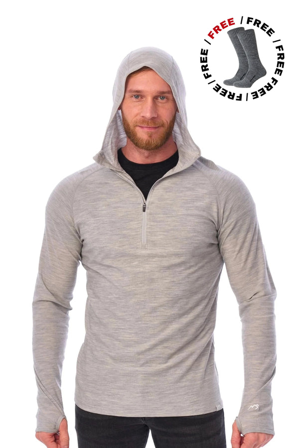 Sweat à capuche zippé mi-long en laine mérinos pour homme 190 gris chiné