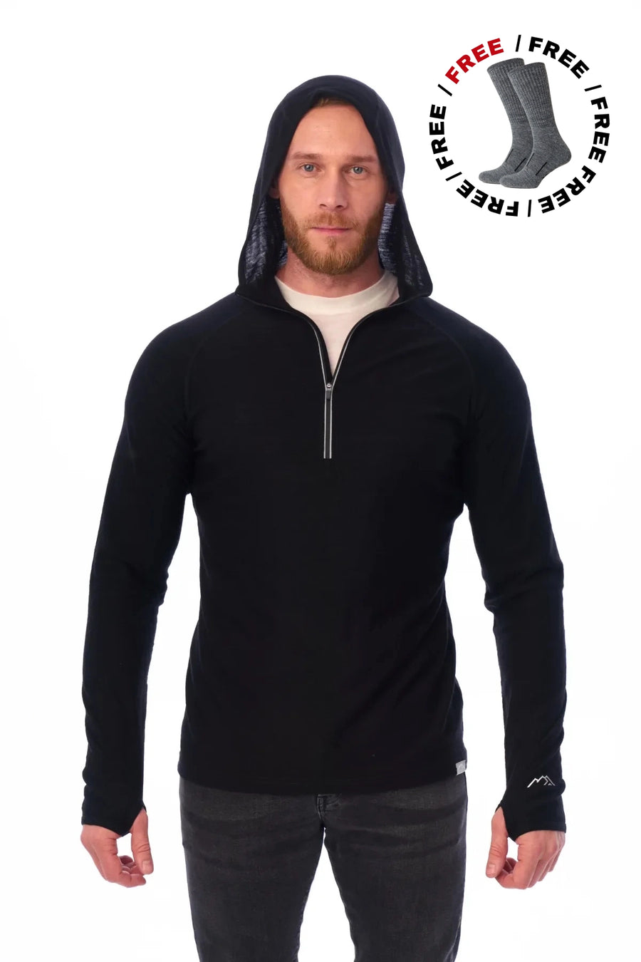 Men's Merino Wool Half Zip Hoodie 190 Black