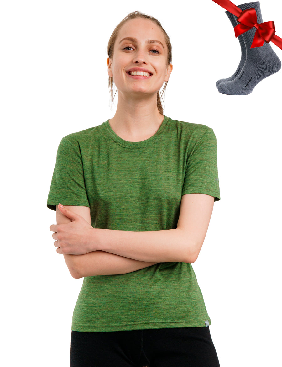 T-shirt mérinos femme 180 Vert Olive | Col rond (+chaussettes)