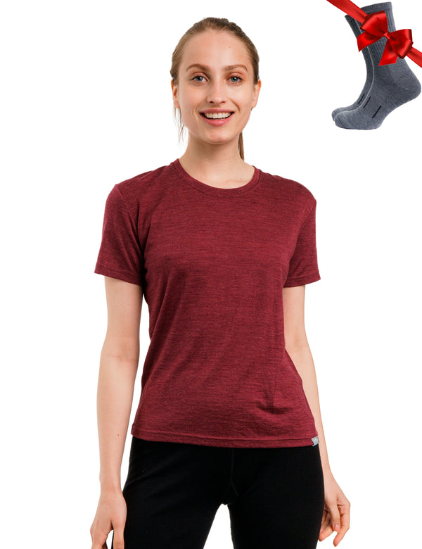Women's Merino T-shirt 180 Burgundy | Crewneck (+socks)