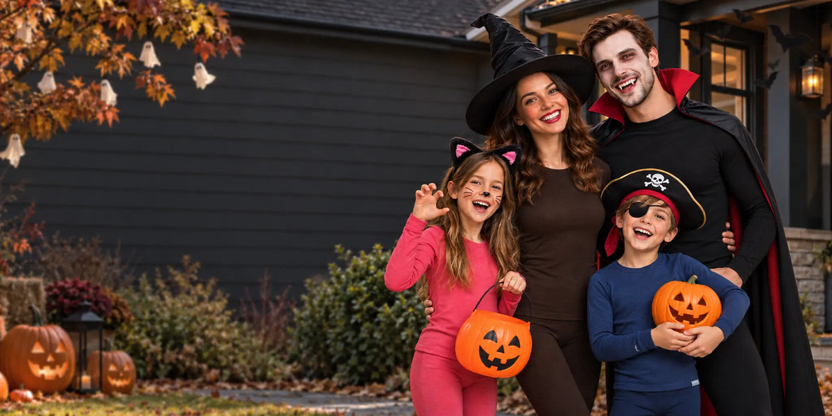 Family wearing merino base layers under their Halloween costumes