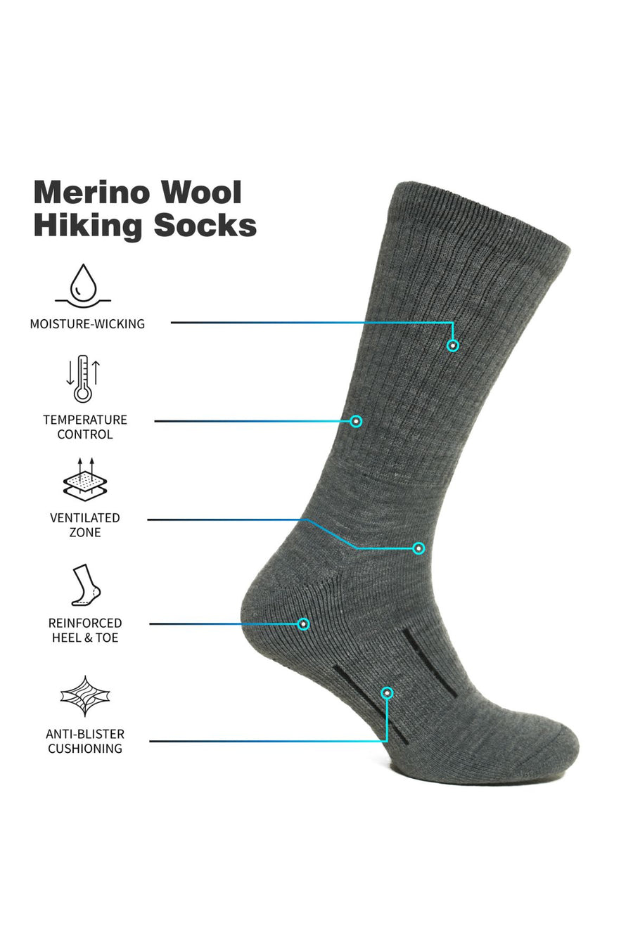 Merino Wool Hiking Socks - (Pack of 3) Dark Grey