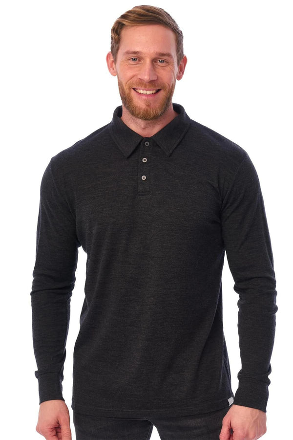 Men's Merino Wool Long Sleeve Polo 165 Charcoal