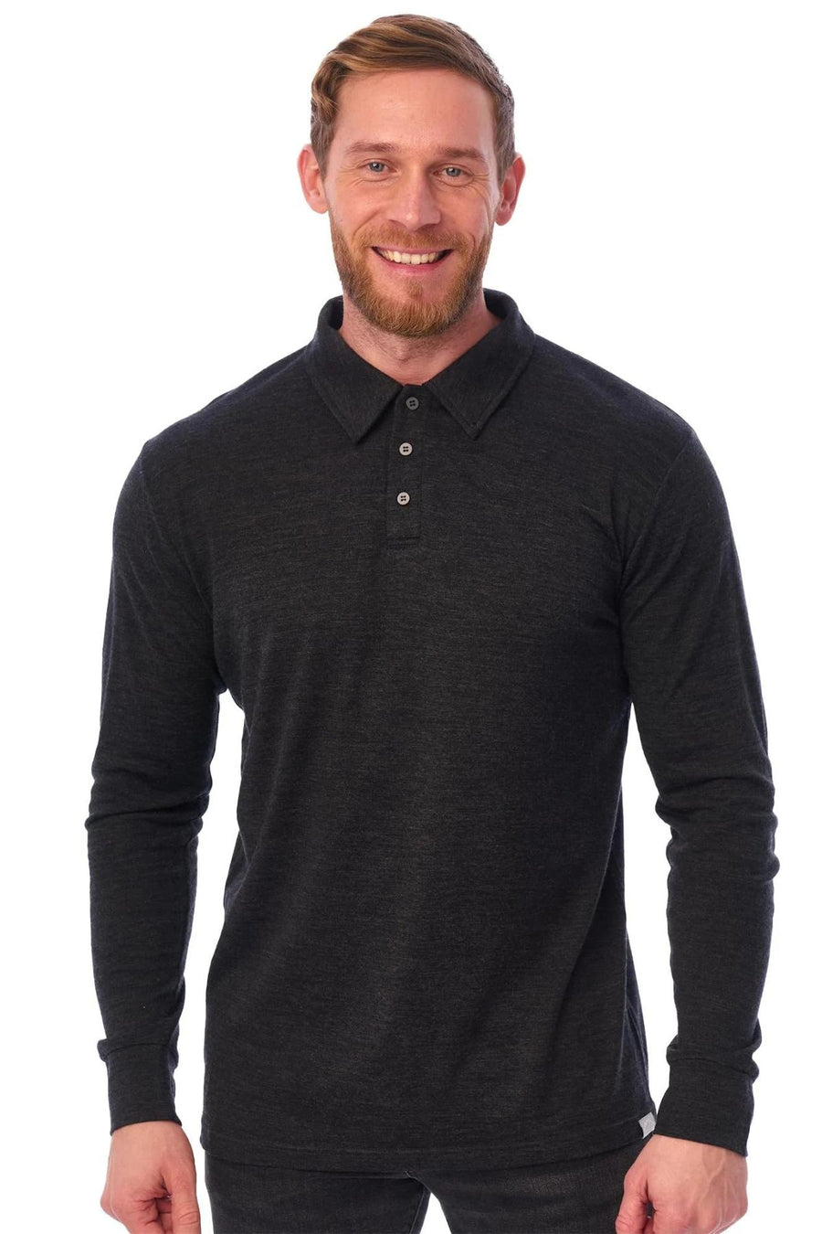 Men's Merino Wool Long Sleeve Polo 165 Charcoal