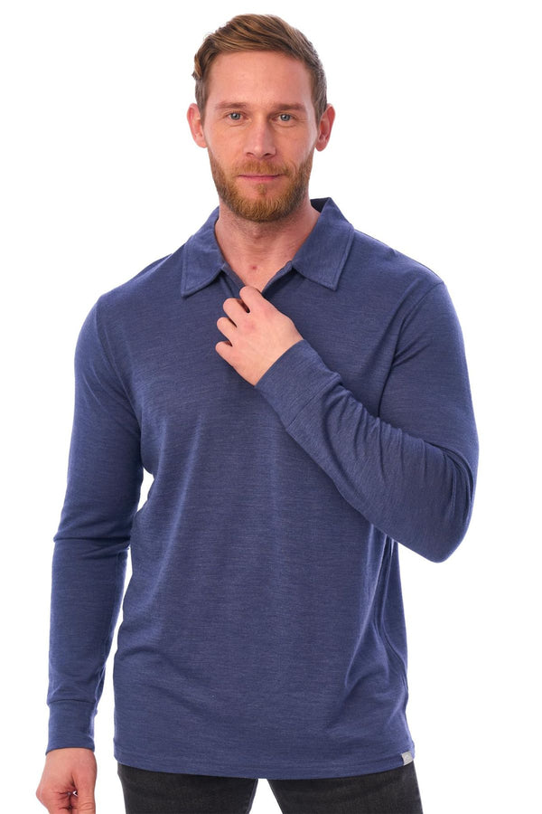 Polo Homme Manches Longues en Laine Mérinos 165 Gris Bleu