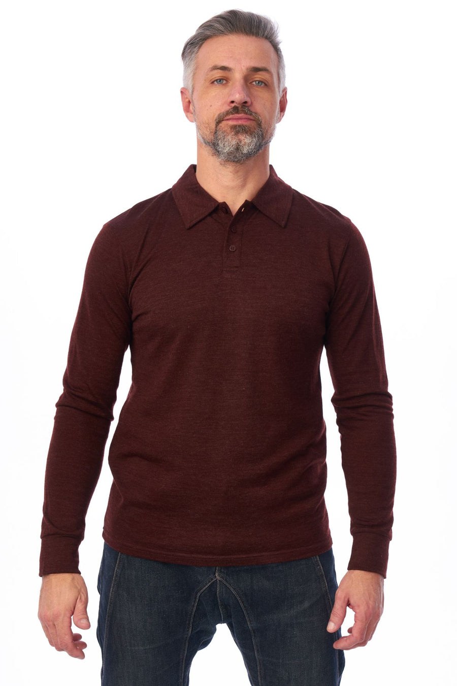 Men's Merino Wool Long Sleeve Polo 165 Bordo