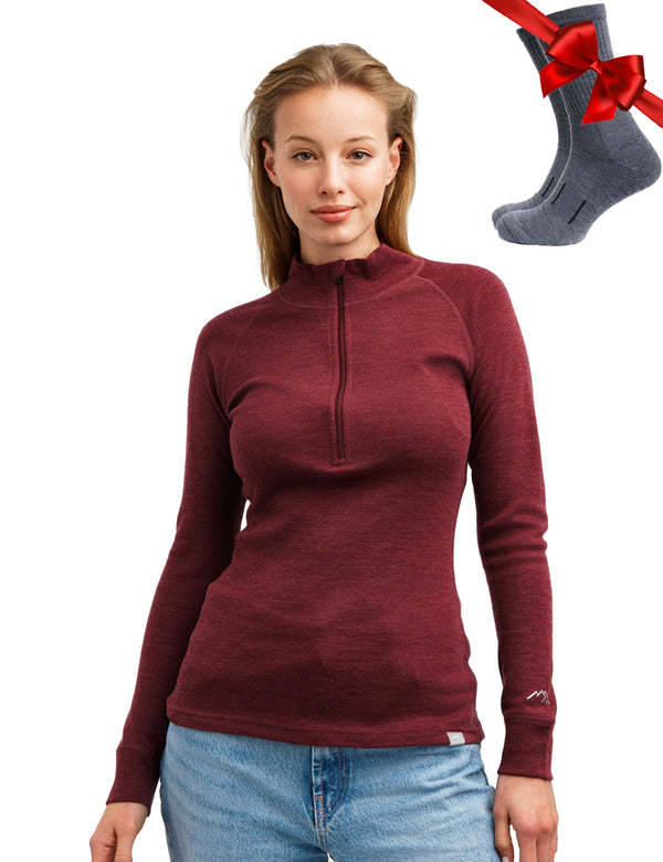 Women's Merino Half Zip Long Sleeve 320 Burgundy