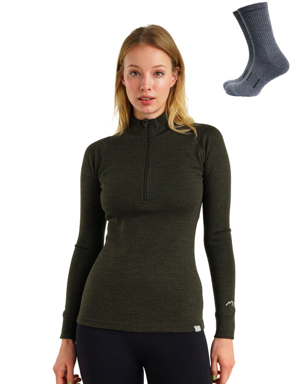 Women's Merino Half Zip Long Sleeve 320 Army Green