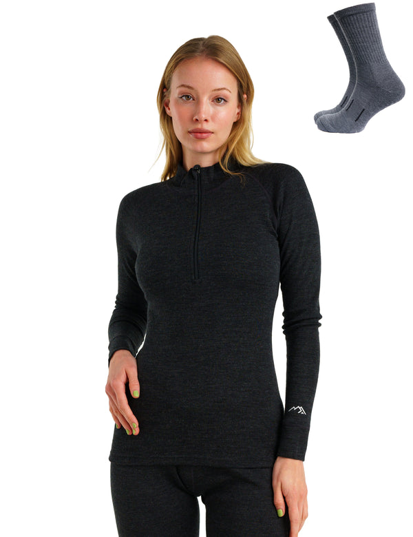 Women's Merino Half Zip Long Sleeve 320 Charcoal Grey