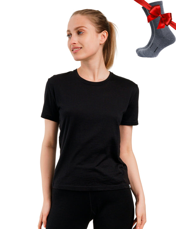 Women's Merino T-shirt 180 Black | Crewneck (+socks)