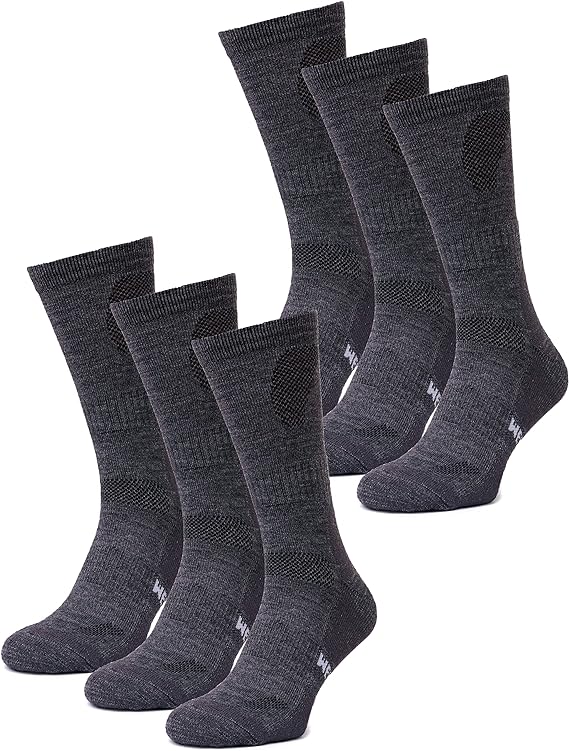 Merino Wool Hiking Socks - (Pack of 6) Charcoal Grey