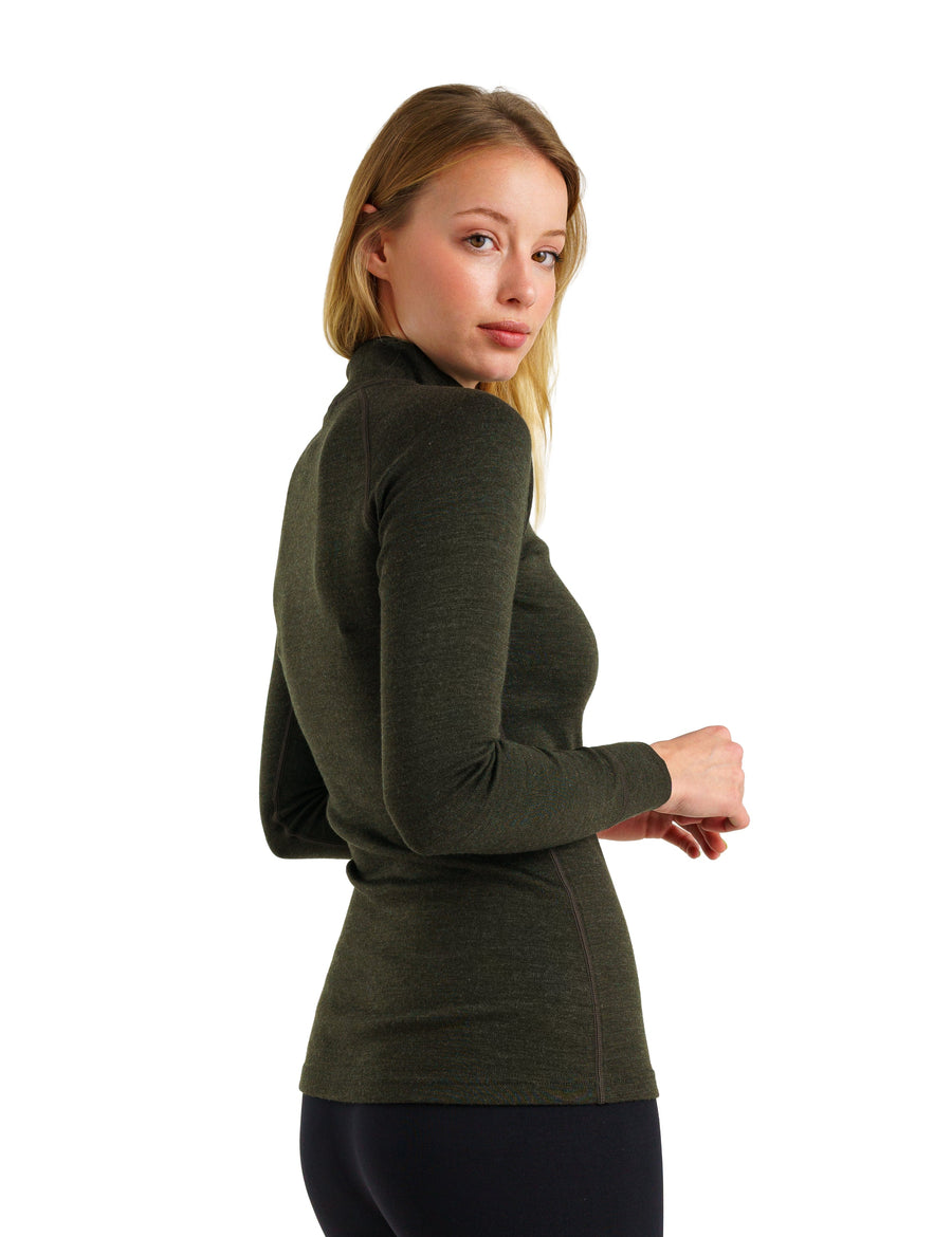 Haut manches longues zippé mi-col pour femme en Mérinos 320 Vert Armée