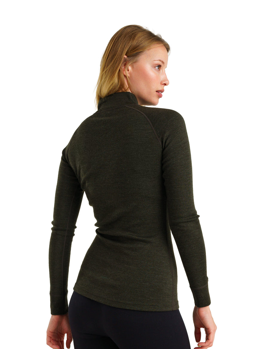 Haut manches longues zippé mi-col pour femme en Mérinos 320 Vert Armée