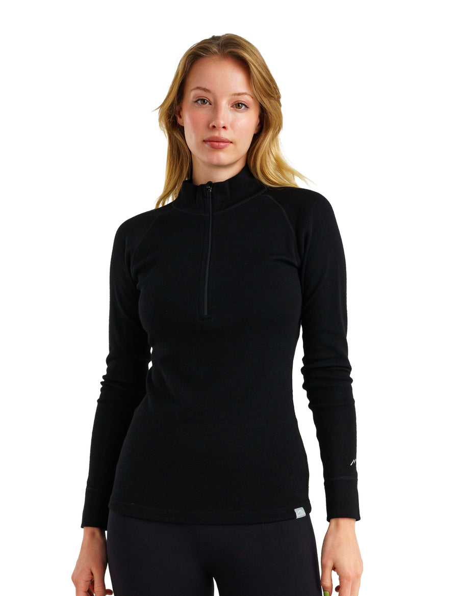 Haut à manches longues en mérinos et demi-zip pour femme 320 noir