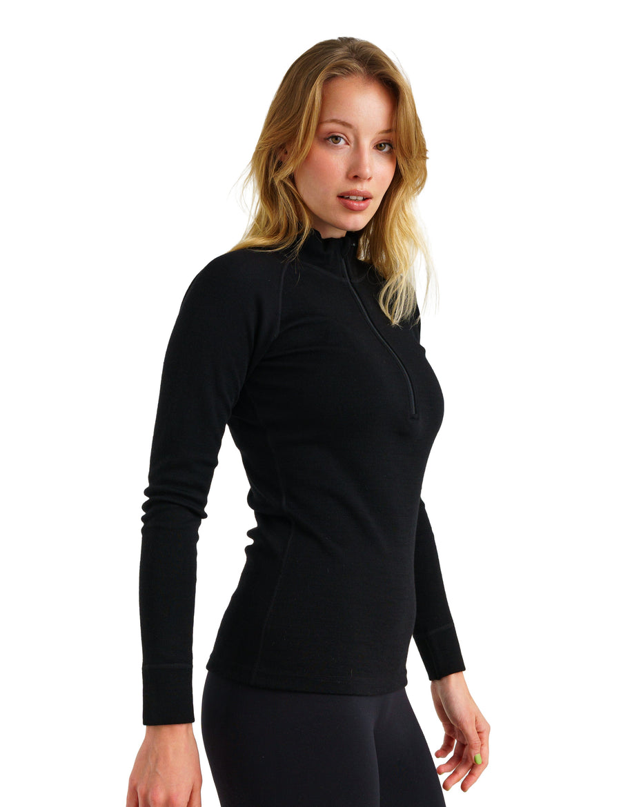 Haut à manches longues en mérinos et demi-zip pour femme 320 noir